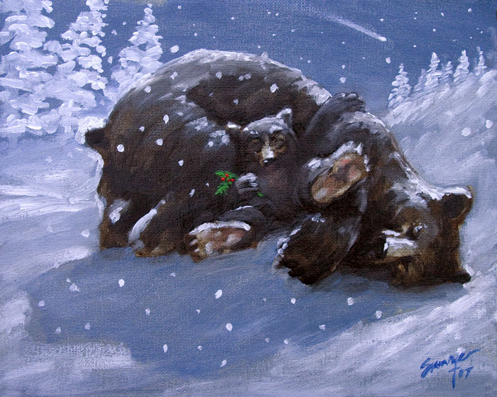 Mother bear and cub in the snow